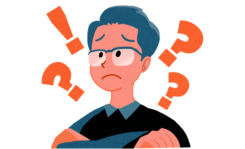 腕を組み困惑した表情の人物と、周囲に浮かぶ疑問符と感嘆符のイラスト