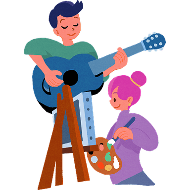 ギターを弾く男性と絵を描く女性のイラスト