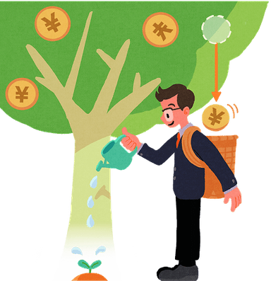 木に水をやるスーツ姿の男性と、木に実る円のマークのイラスト