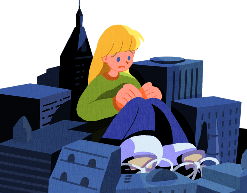 ビルの中でうつむき座り込む子どものイラスト