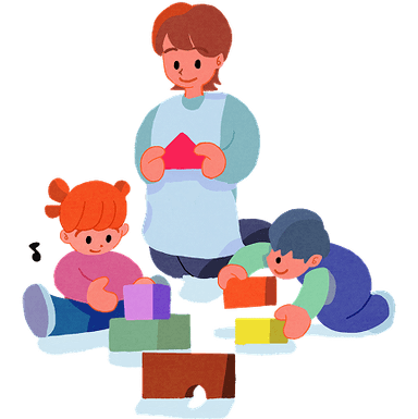 ブロック遊びをする3人の子どもと見守る保育士のイラスト