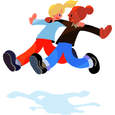 手をつなぎ笑顔で走る2人の人物のイラスト